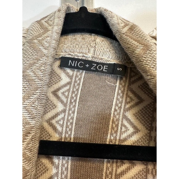 Nic + Zoe Open Front Drape Cardigan Fringe Print Brown size S Womens Aztec D28 - Picture 3 of 6